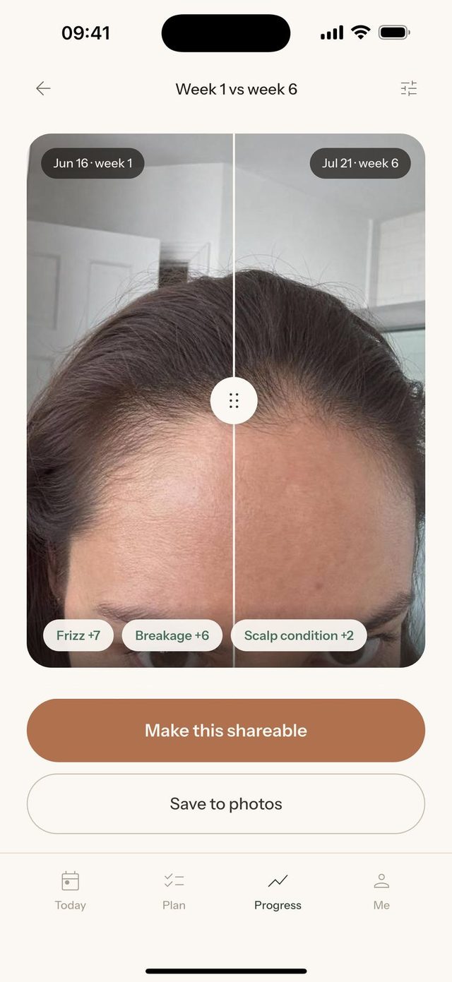 Before and after: week one beside week six with a draggable divider, and chips showing frizz, breakage and scalp condition each improved.