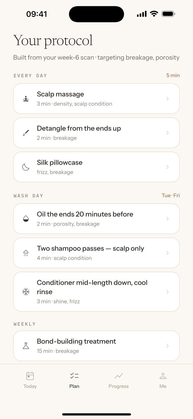 The plan: everyday, wash-day, weekly and monthly steps, each tagged with the metric it targets.
