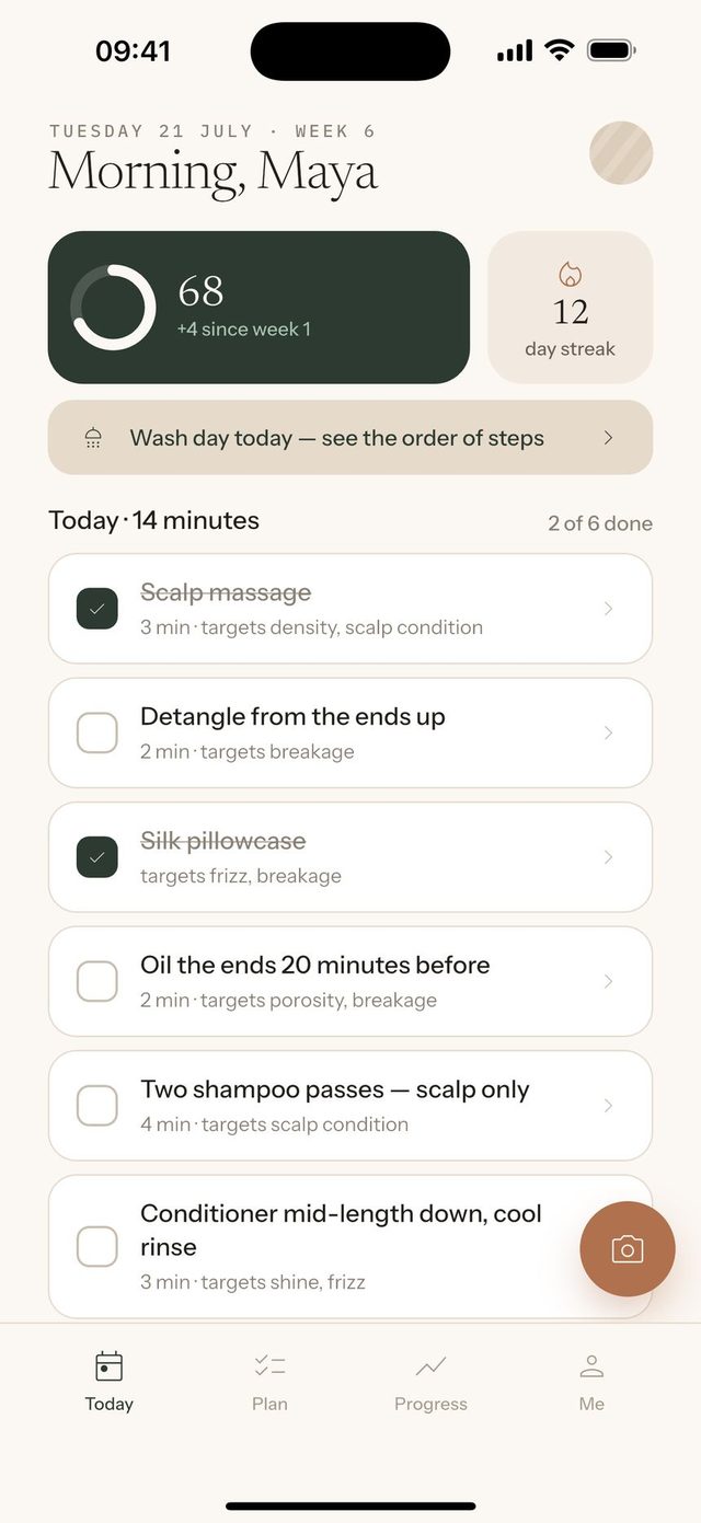 The Today screen: today's score, a twelve-day streak, and six routine steps totalling fourteen minutes.